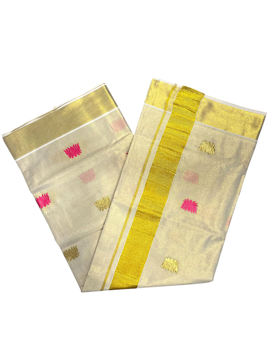 Southloom Kerala Tissue Kasavu Plain Saree with Pink Lotus Embroidery Works