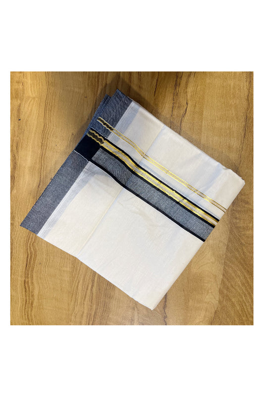 Pure Cotton Mundu with Gold Lines and Black Border (South Indian Kerala Dhoti)