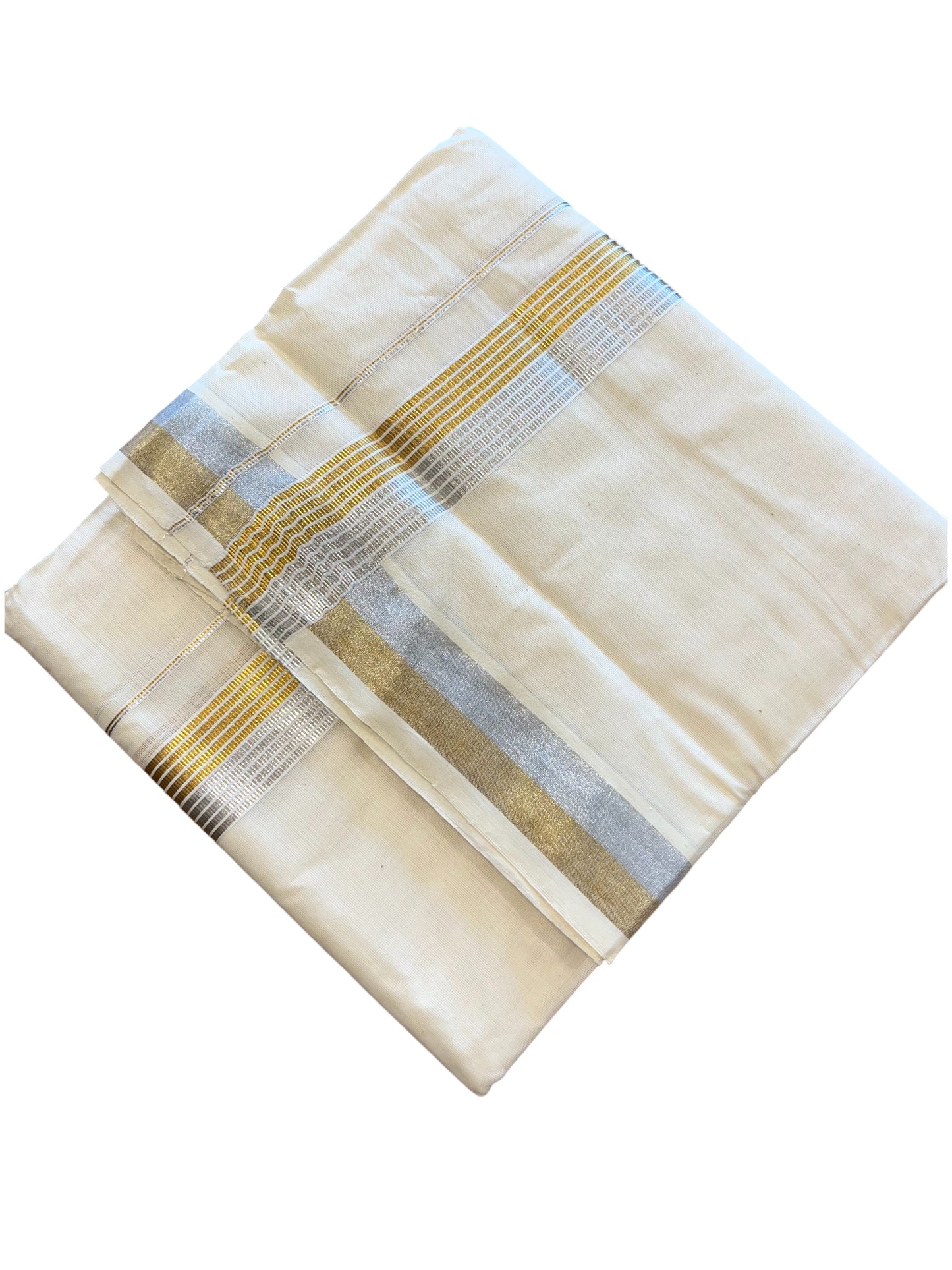 Southloom Pure Cotton Off White Double Mundu with Gold And Silver Kasavu Lines Kara (South Indian Kerala Dhoti)