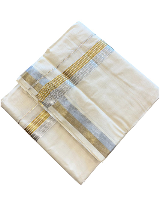 Southloom Pure Cotton Off White Double Mundu with Gold And Silver Kasavu Lines Kara (South Indian Kerala Dhoti)