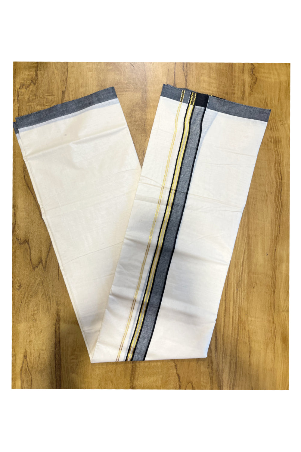 Pure Cotton Mundu with Gold Lines and Black Border (South Indian Kerala Dhoti)