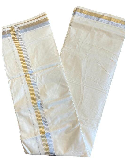 Southloom Pure Cotton Off White Double Mundu with Gold And Silver Kasavu Lines Kara (South Indian Kerala Dhoti)
