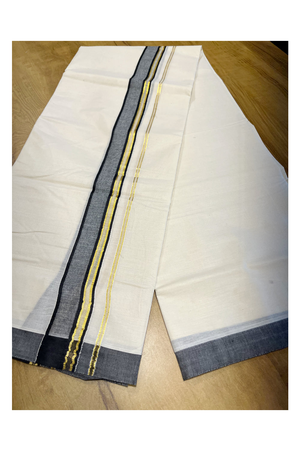 Pure Cotton Mundu with Gold Lines and Black Border (South Indian Kerala Dhoti)