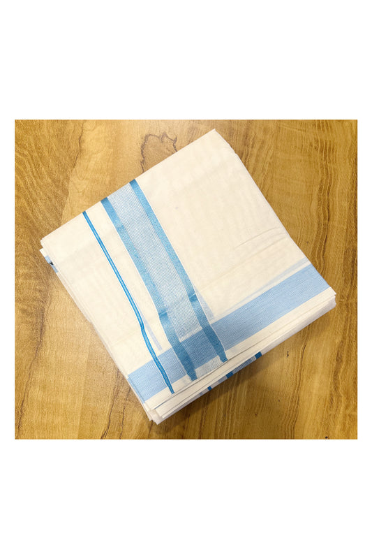 Pure Cotton Mundu with Blue Lines and  Blue Border (South Indian Kerala Dhoti)