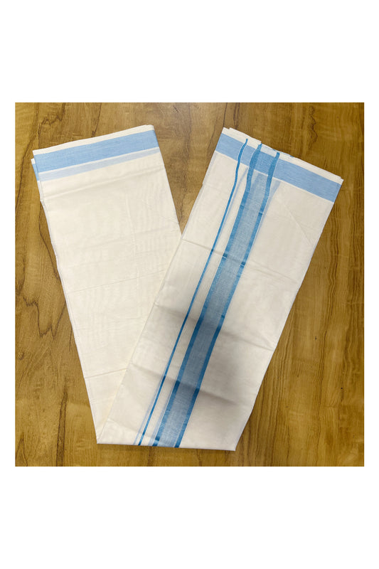 Pure Cotton Mundu with Blue Lines and  Blue Border (South Indian Kerala Dhoti)