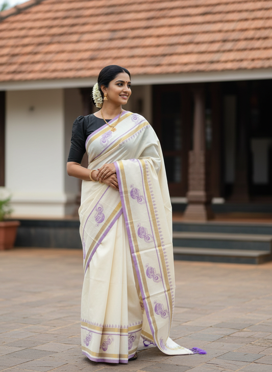 Southloom Cotton Kasavu Saree with Hand Printed Design on Border in Lavender
