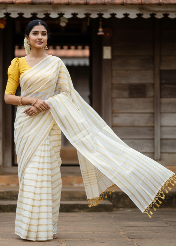 Southloom Cotton Kerala Kasavu Saree with Golden Lines on Body