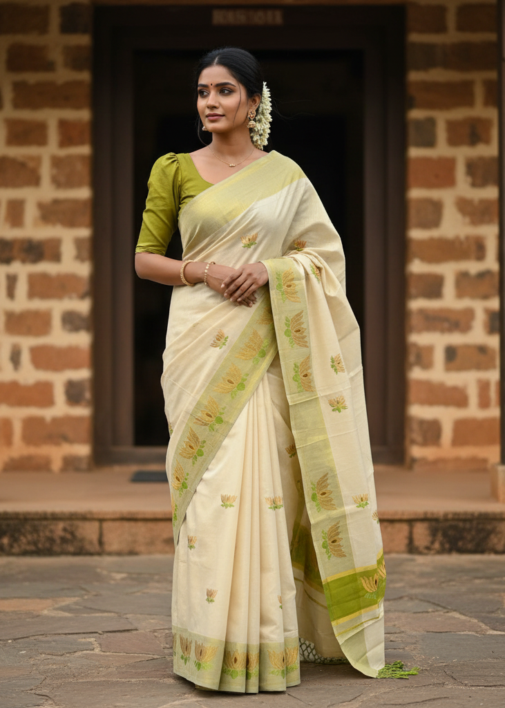 Southloom Kerala Tissue Kasavu Saree with Olive Green And Golden Lotus Embroidary Works on Body SL273