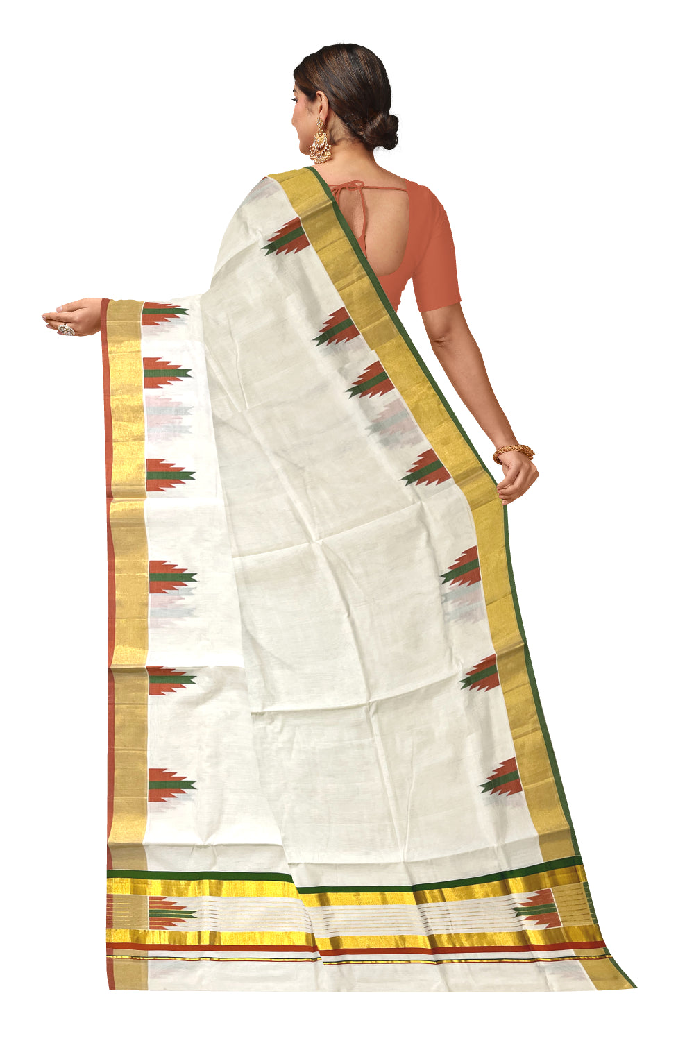 Southloom™ Premium Handloom Cotton Kasavu Saree with Orange Olive Green Temple Woven Border and Stripes Work on Pallu