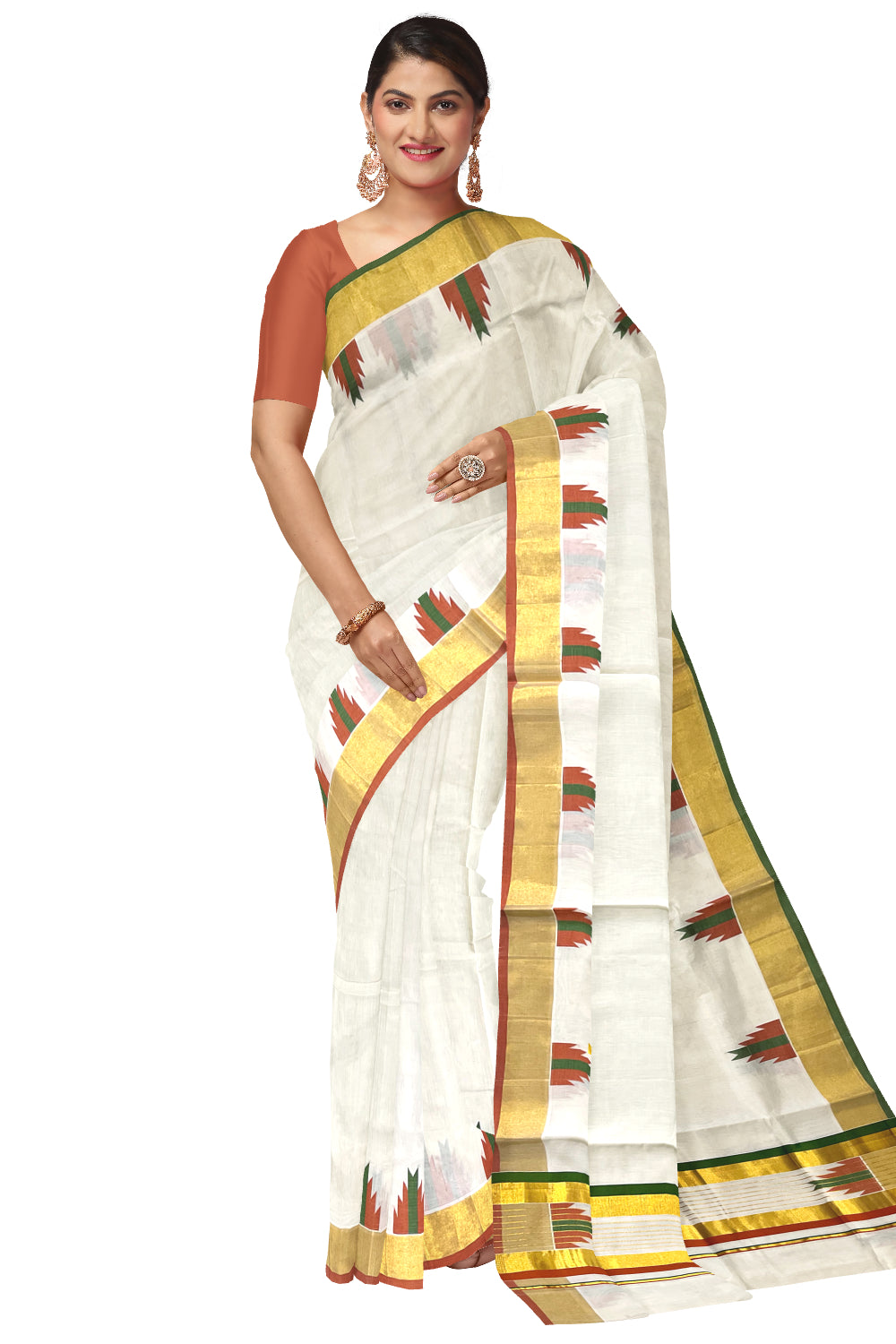 Southloom™ Premium Handloom Cotton Kasavu Saree with Orange Olive Green Temple Woven Border and Stripes Work on Pallu