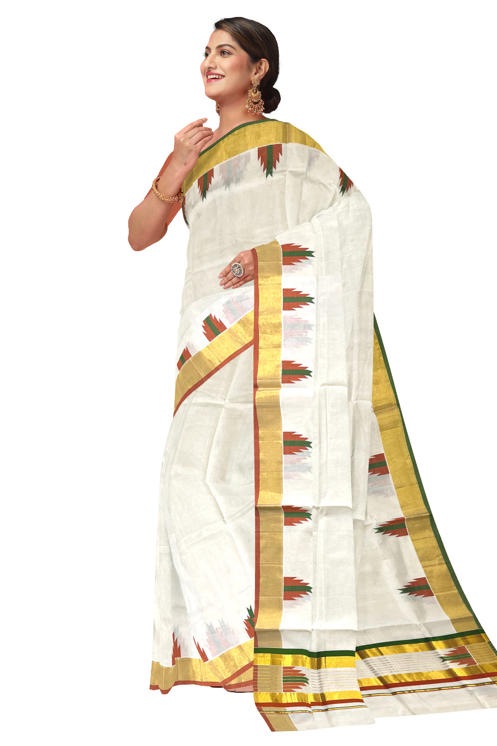 Southloom™ Premium Handloom Cotton Kasavu Saree with Orange Olive Green Temple Woven Border and Stripes Work on Pallu