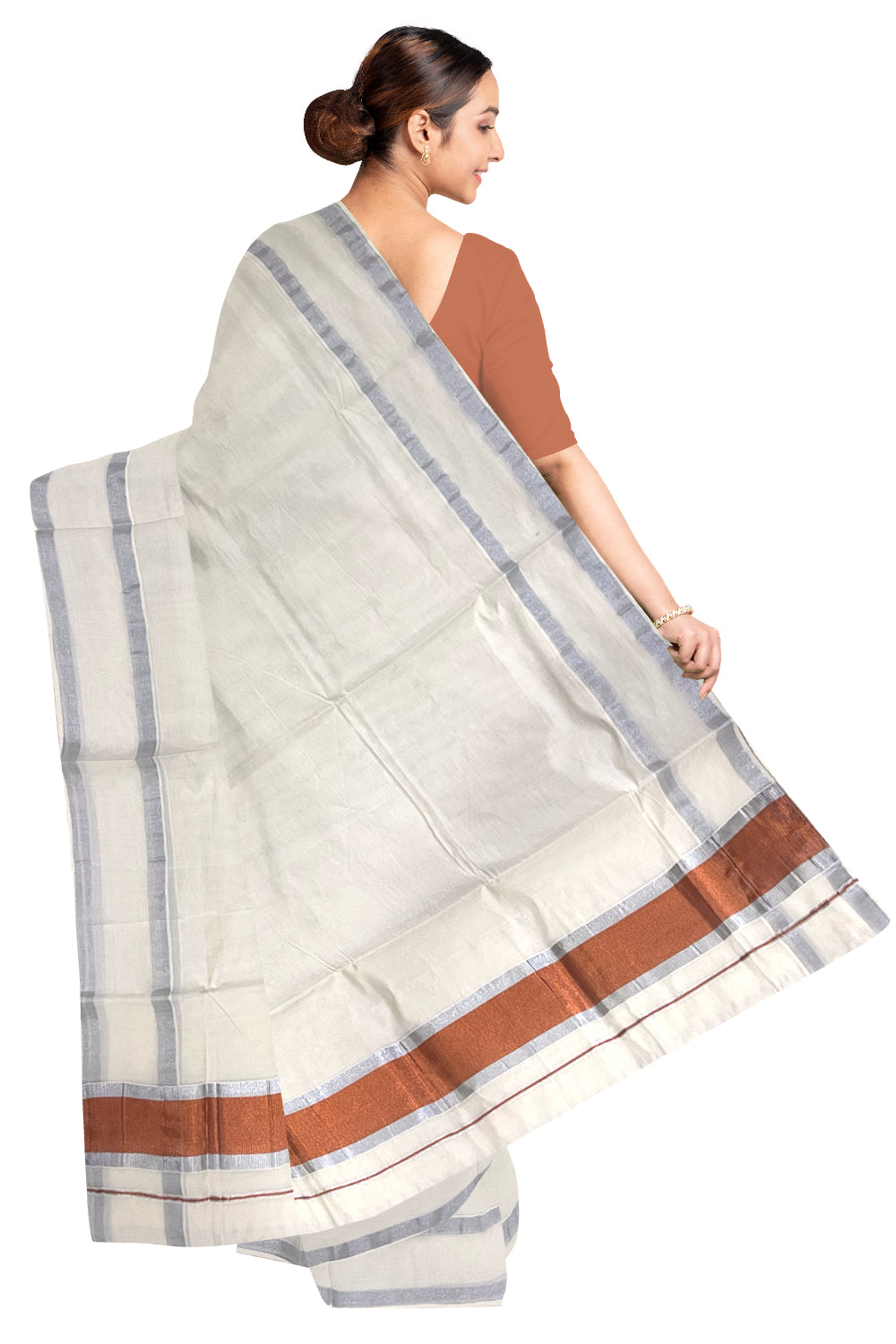 Pure Cotton Kerala Saree with Silver Border and Copper Kasavu Pallu (Onam Saree 2023)