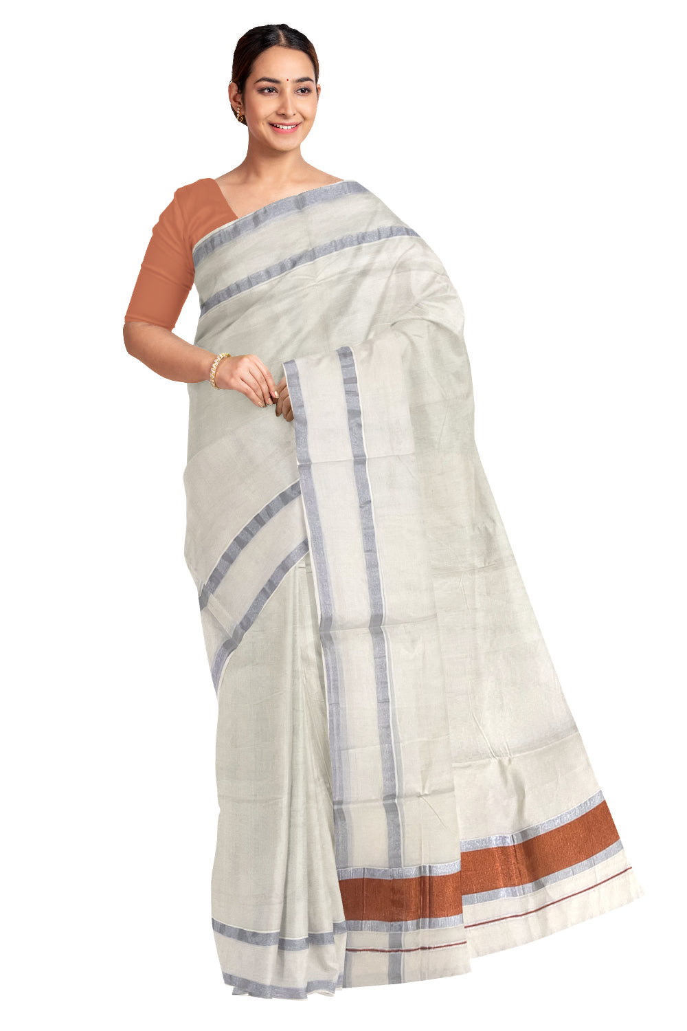 Pure Cotton Kerala Saree with Silver Border and Copper Kasavu Pallu (Onam Saree 2023)