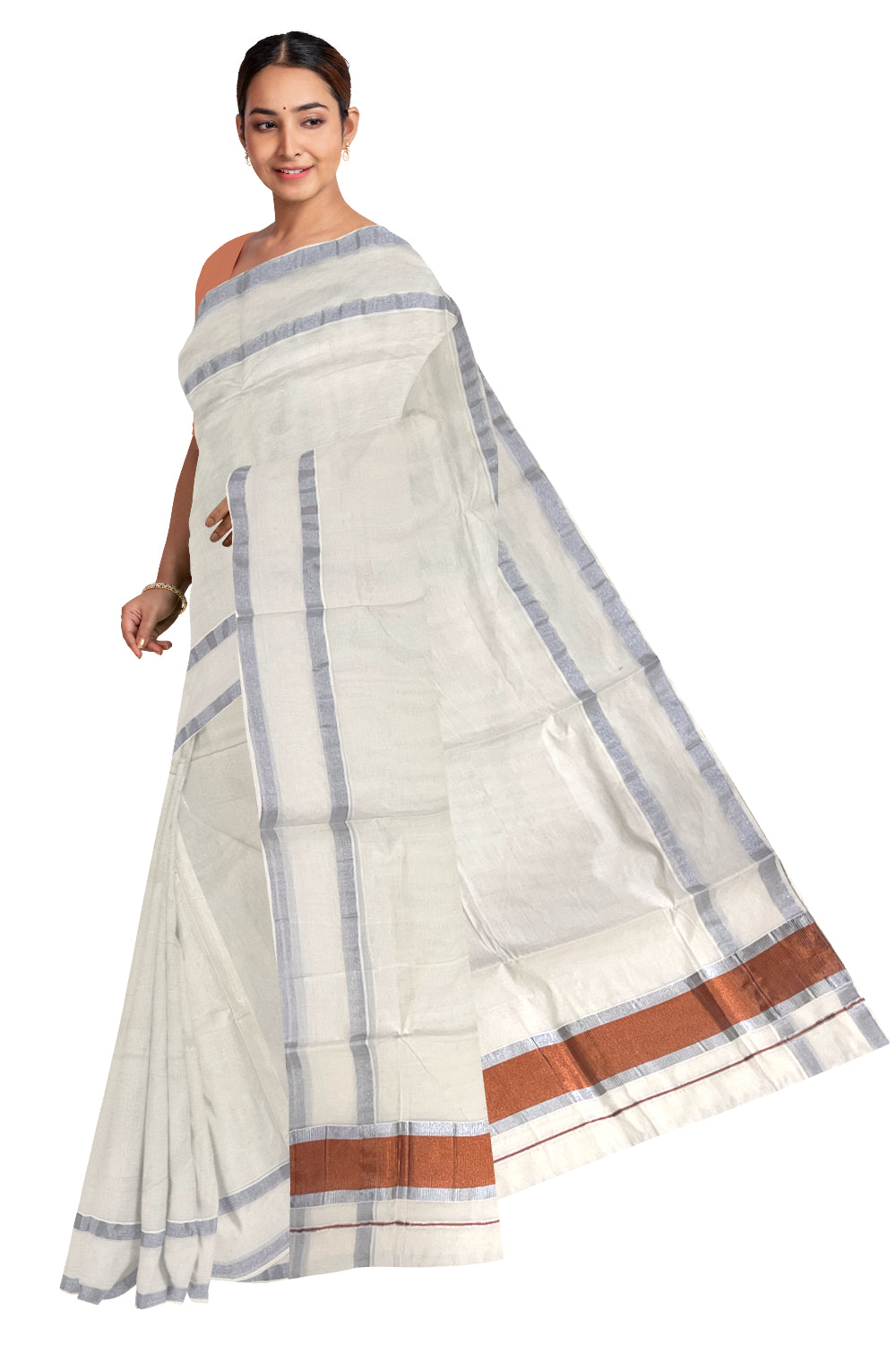 Pure Cotton Kerala Saree with Silver Border and Copper Kasavu Pallu (Onam Saree 2023)