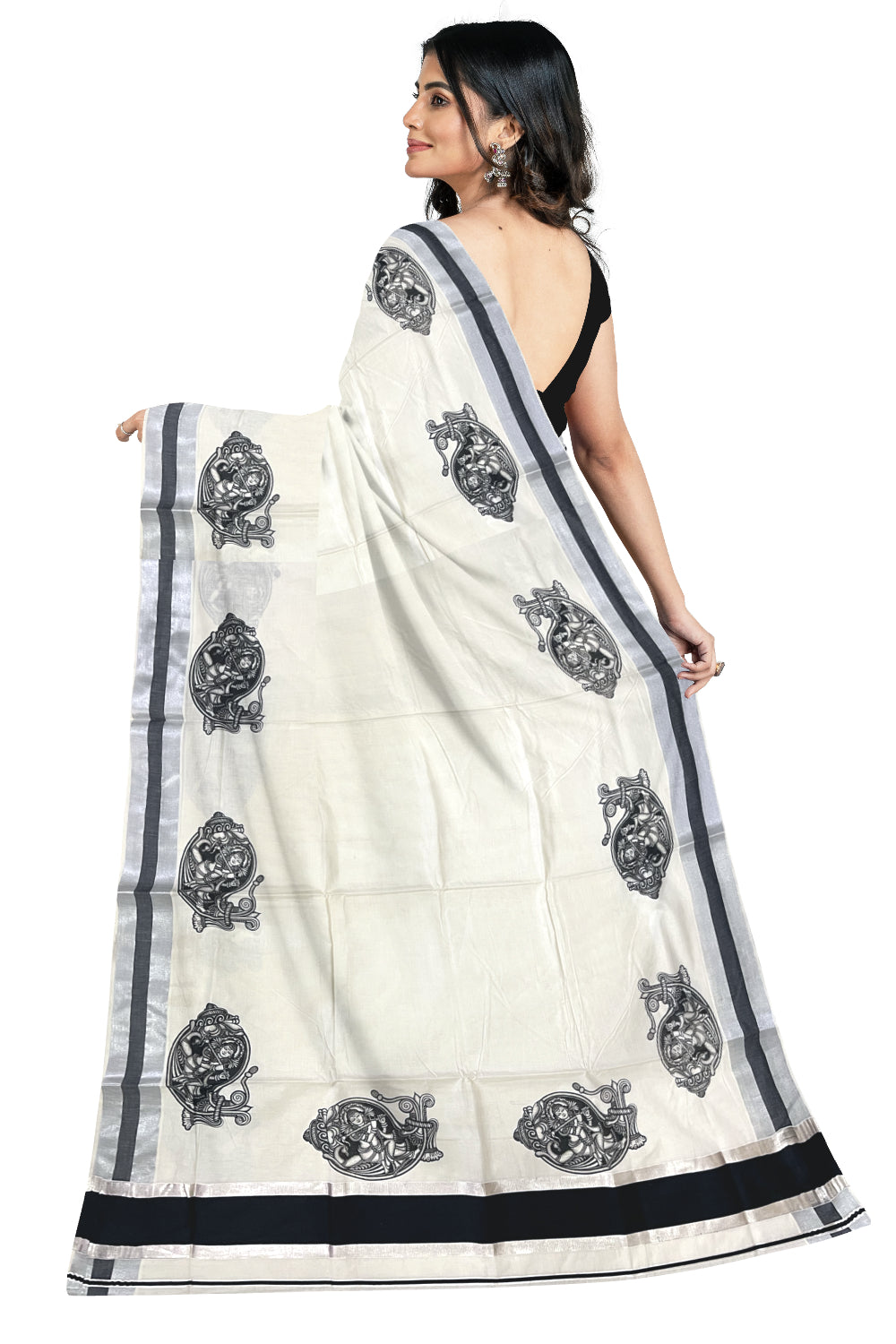 Pure Cotton Kerala Silver Kasavu Saree with Krishna on Shell Mural Prints and Black Border (Onam Saree 2023)