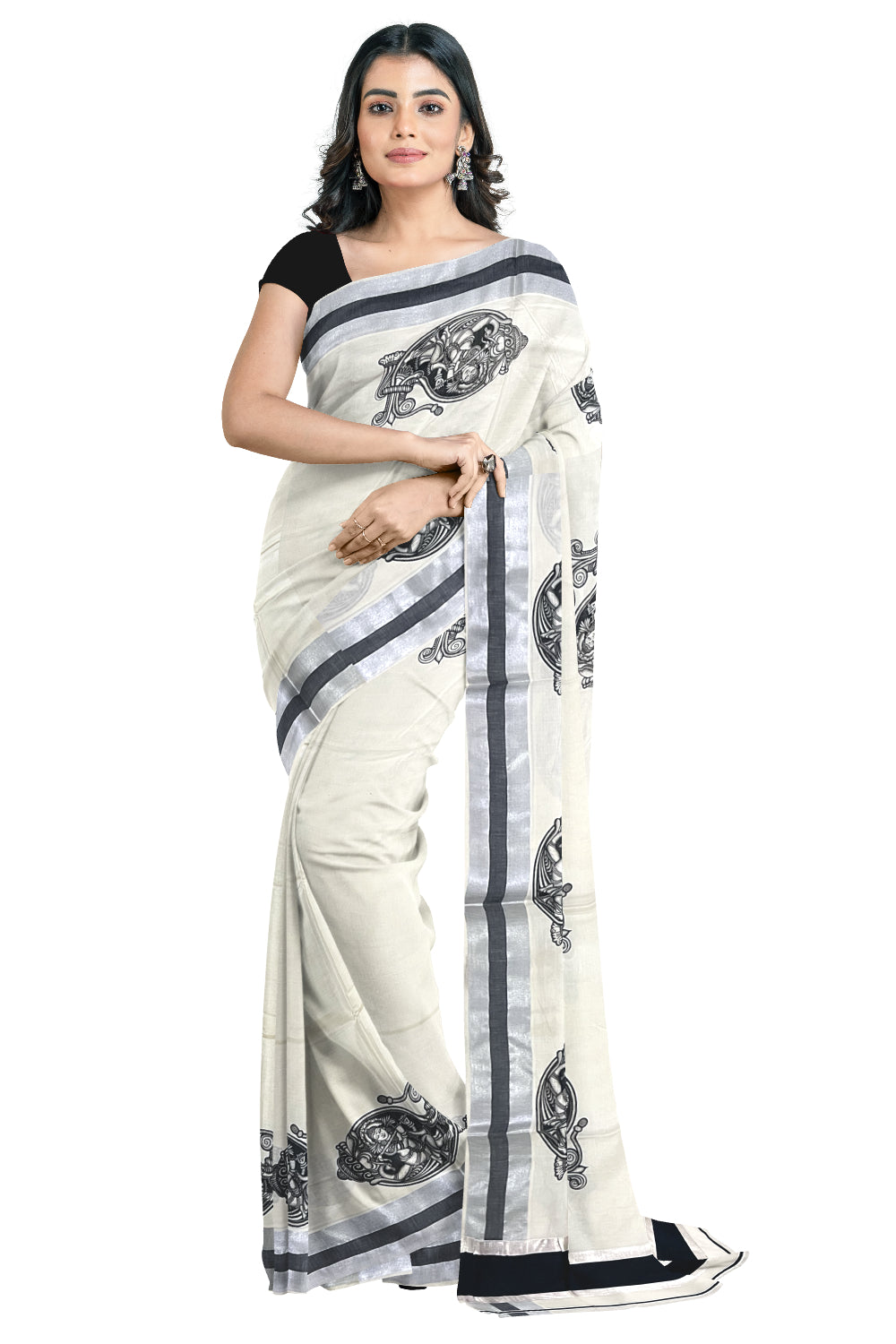 Pure Cotton Kerala Silver Kasavu Saree with Krishna on Shell Mural Prints and Black Border (Onam Saree 2023)