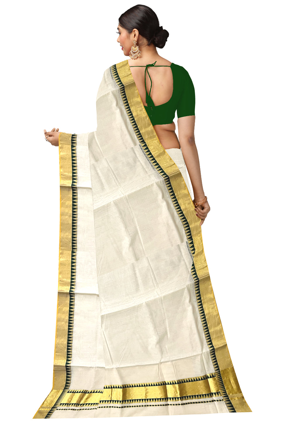 Southloom™ Premium Balaramapuram Handloom Cotton Kasavu Saree with Green Temple Border