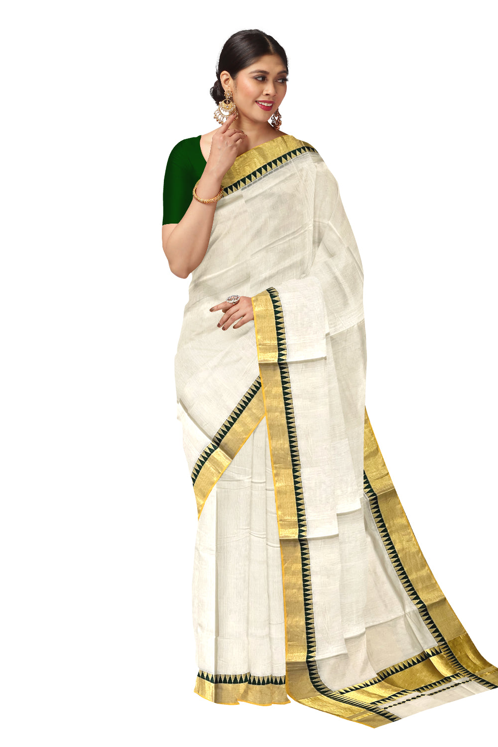 Southloom™ Premium Balaramapuram Handloom Cotton Kasavu Saree with Green Temple Border