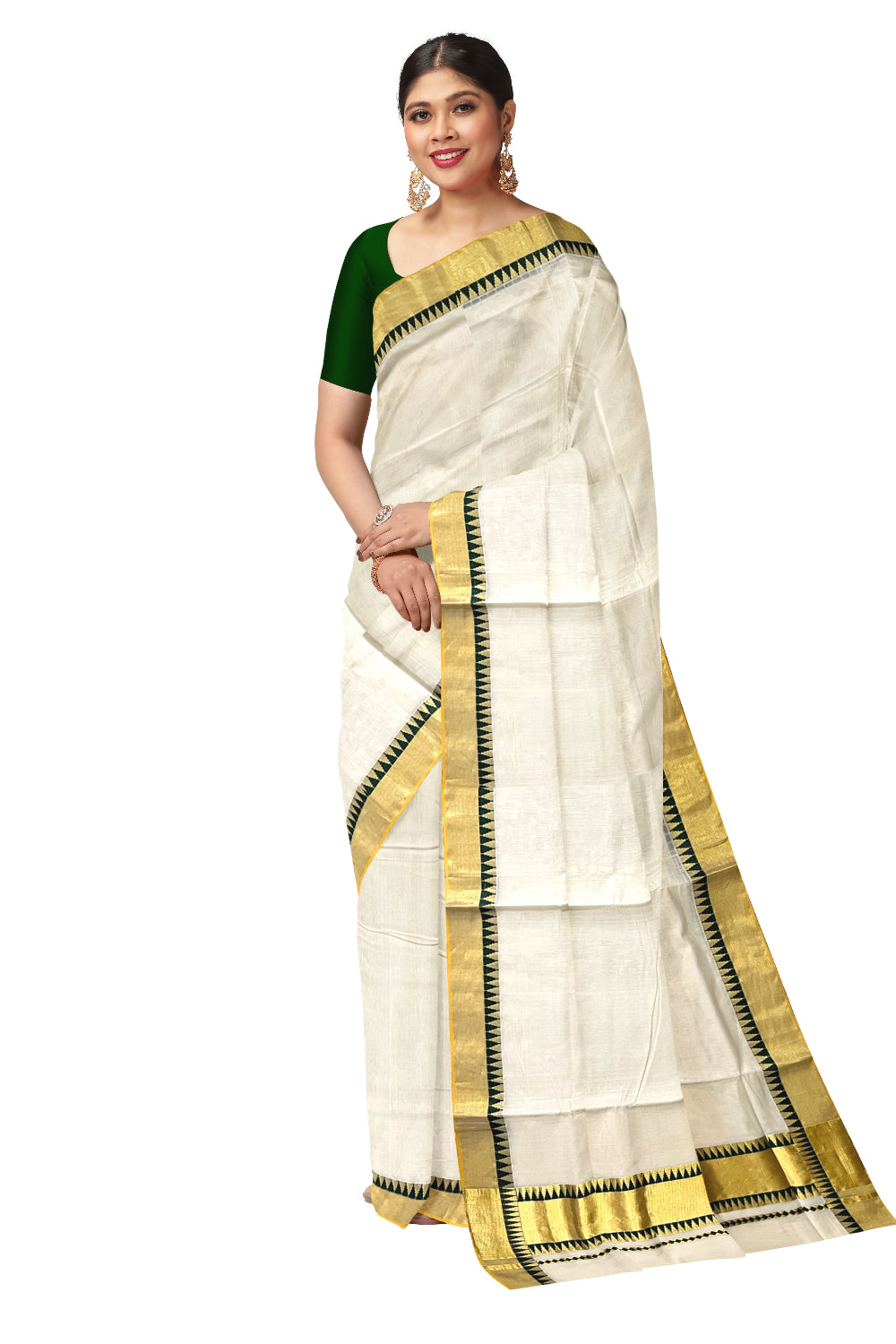 Southloom™ Premium Balaramapuram Handloom Cotton Kasavu Saree with Green Temple Border