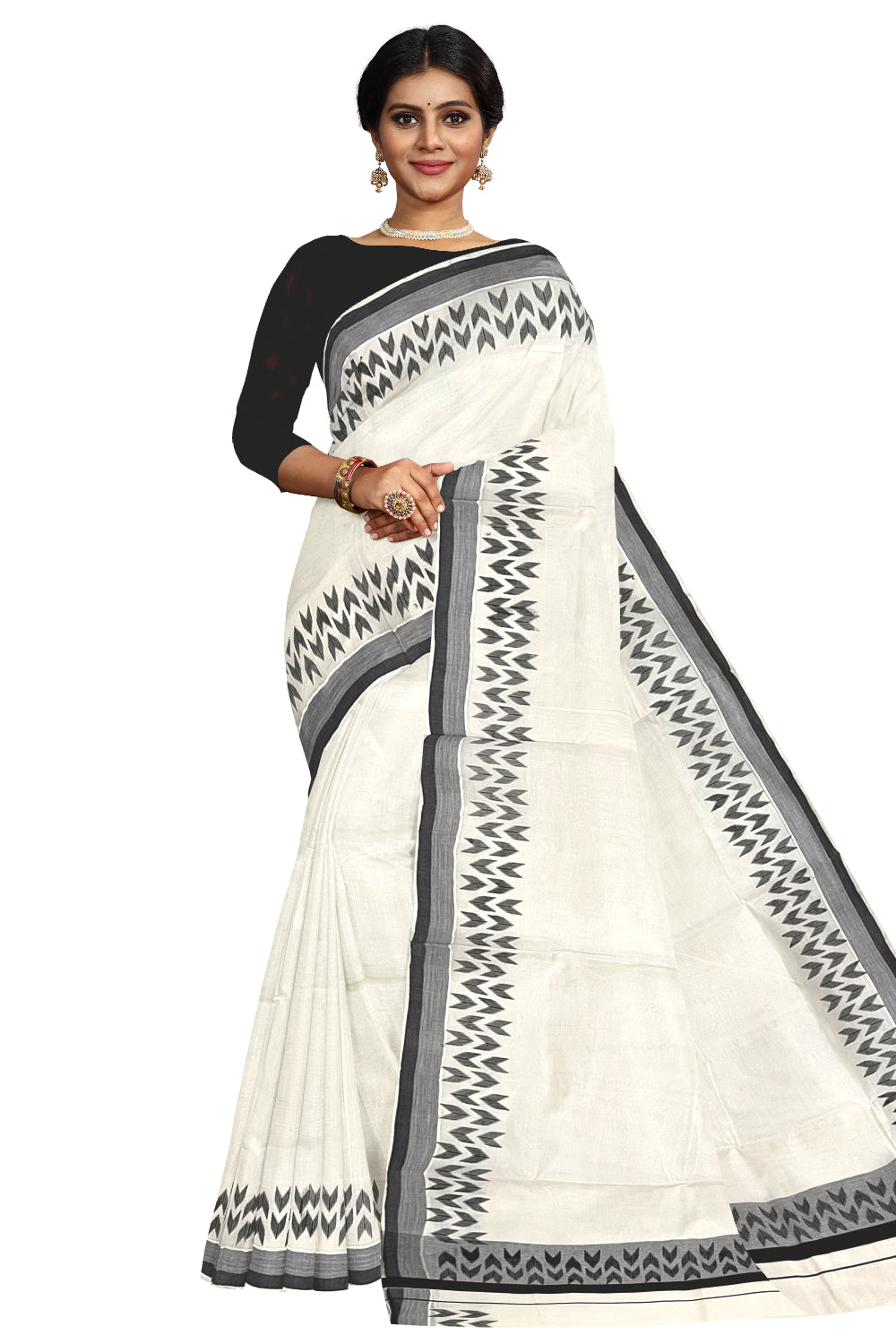 Pure Cotton Kerala Saree with Black Block Printed Border