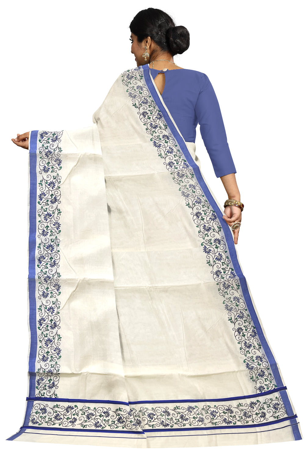 Pure Cotton Kerala Saree with Floral Block Prints and Blue Border