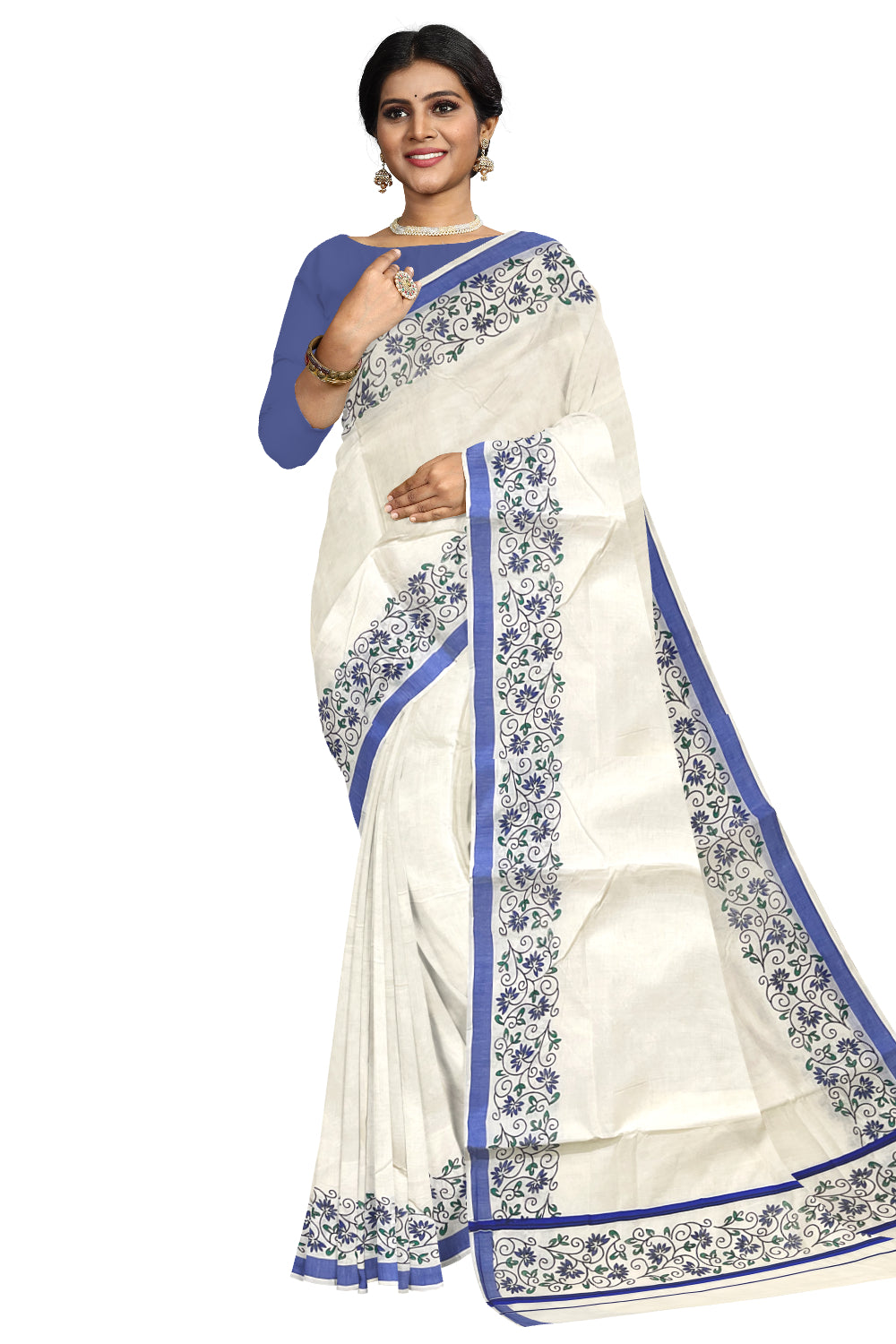 Pure Cotton Kerala Saree with Floral Block Prints and Blue Border