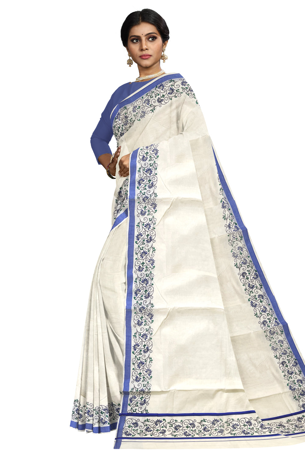 Pure Cotton Kerala Saree with Floral Block Prints and Blue Border