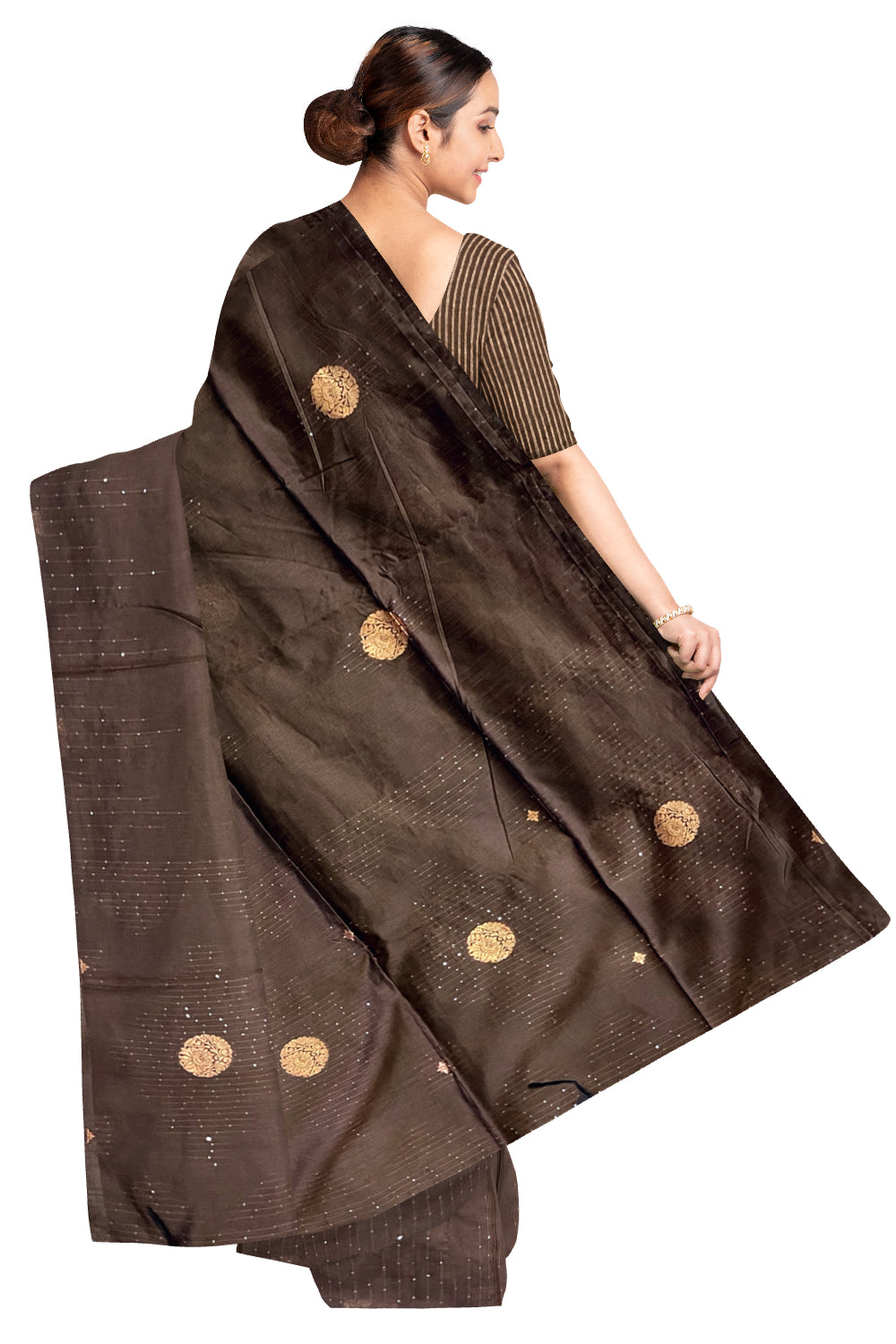 Southloom Semi SIlk Dark Brown Designer Saree with Woven Copper Butta Works on Body