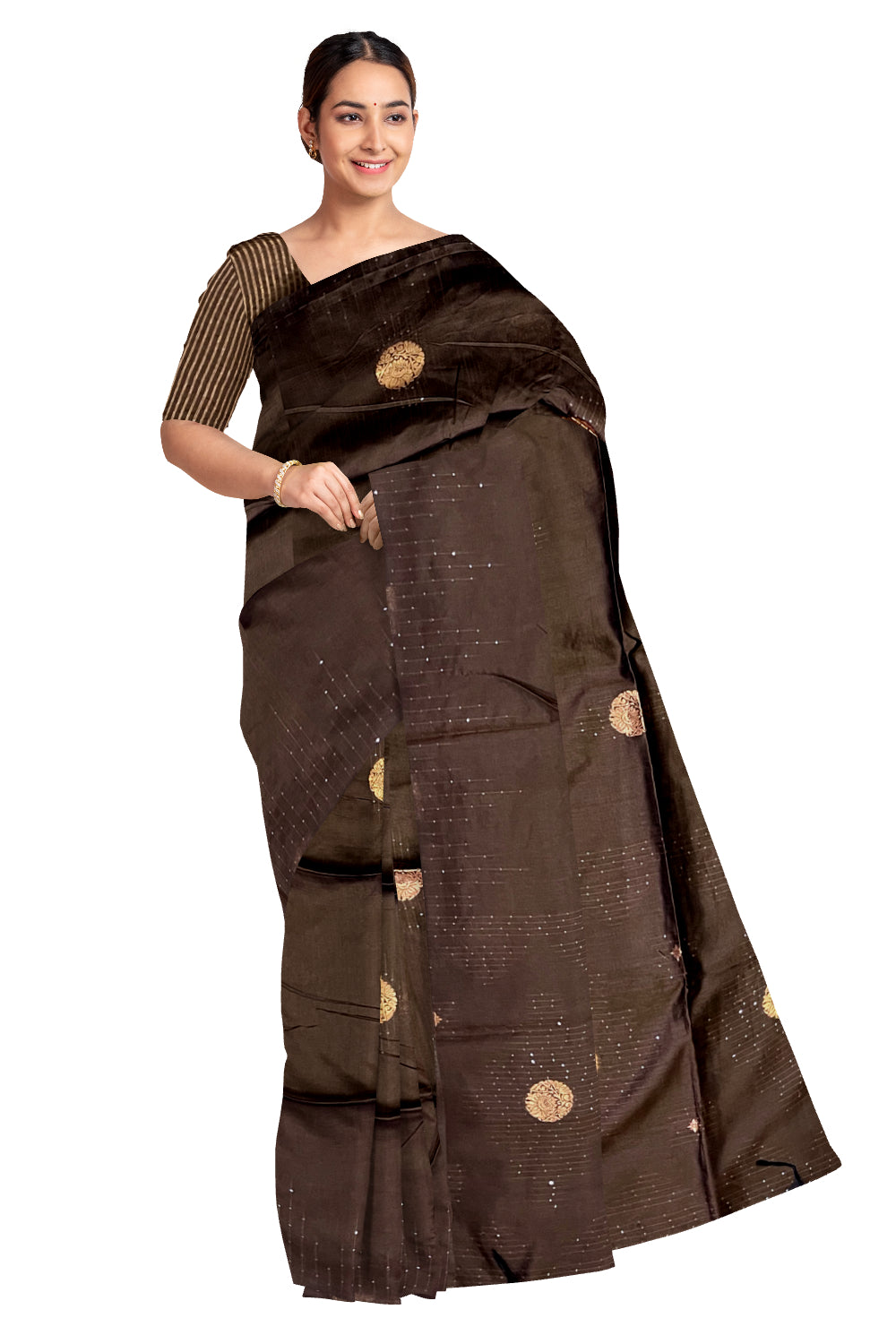 Southloom Semi SIlk Dark Brown Designer Saree with Woven Copper Butta Works on Body