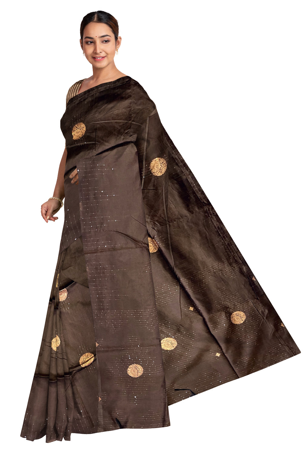 Southloom Semi SIlk Dark Brown Designer Saree with Woven Copper Butta Works on Body