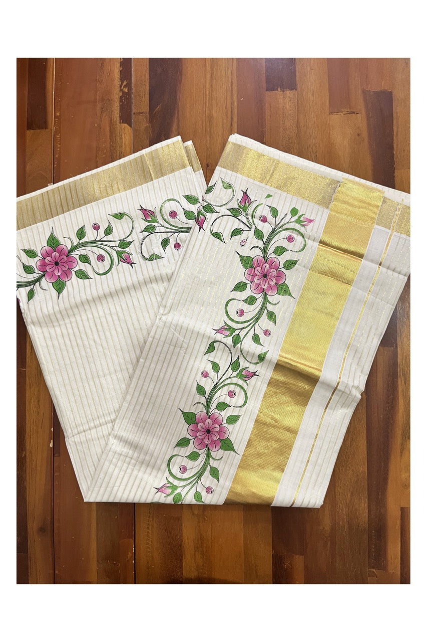 Pure Cotton Kerala Kasavu Lines Design and Pink Floral Block Printed Saree