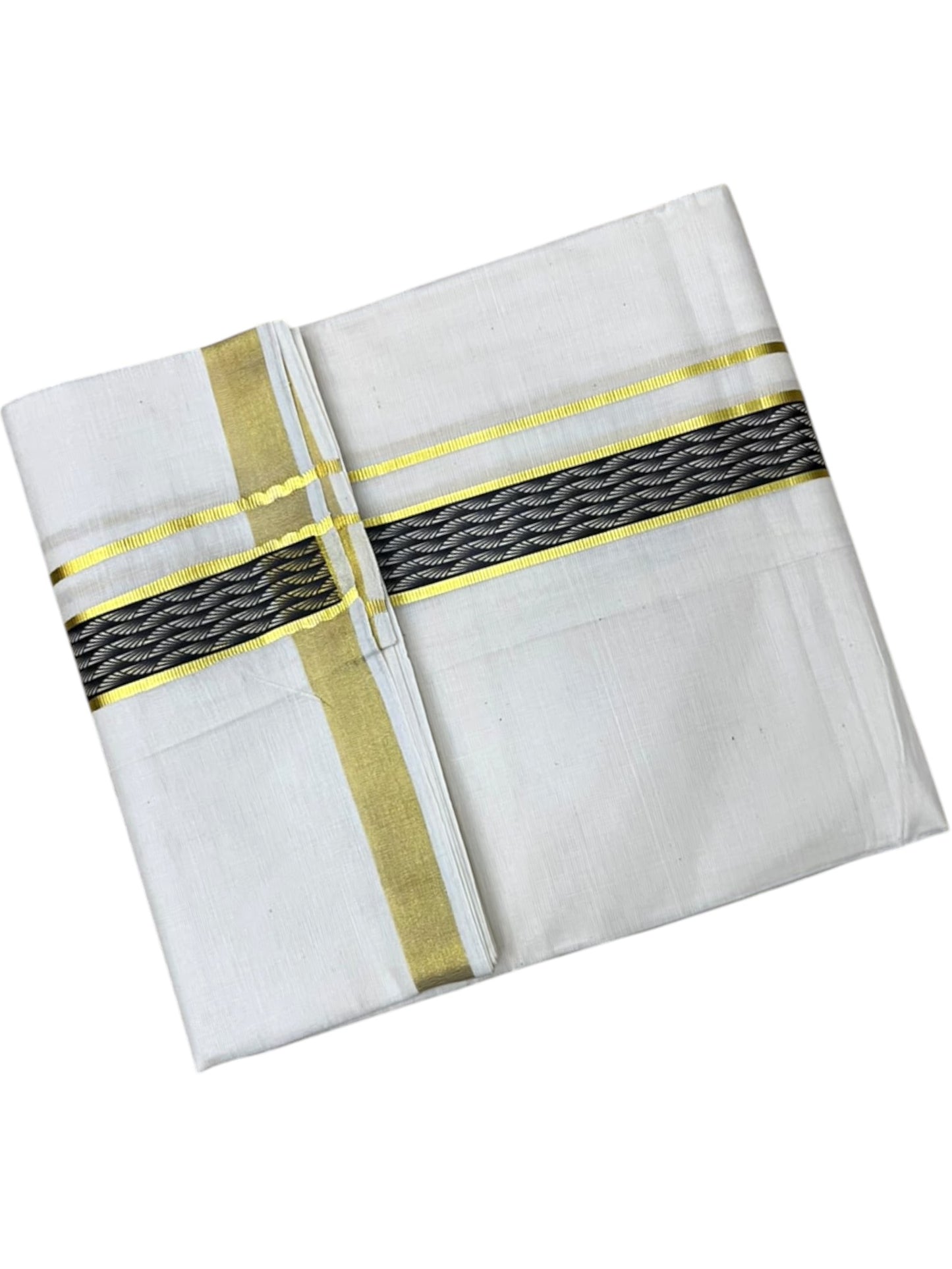 Southloom Pure Cotton Double Mundu with Black Block Printed And Ksavu Border (South Indian Kerala Dhoti)