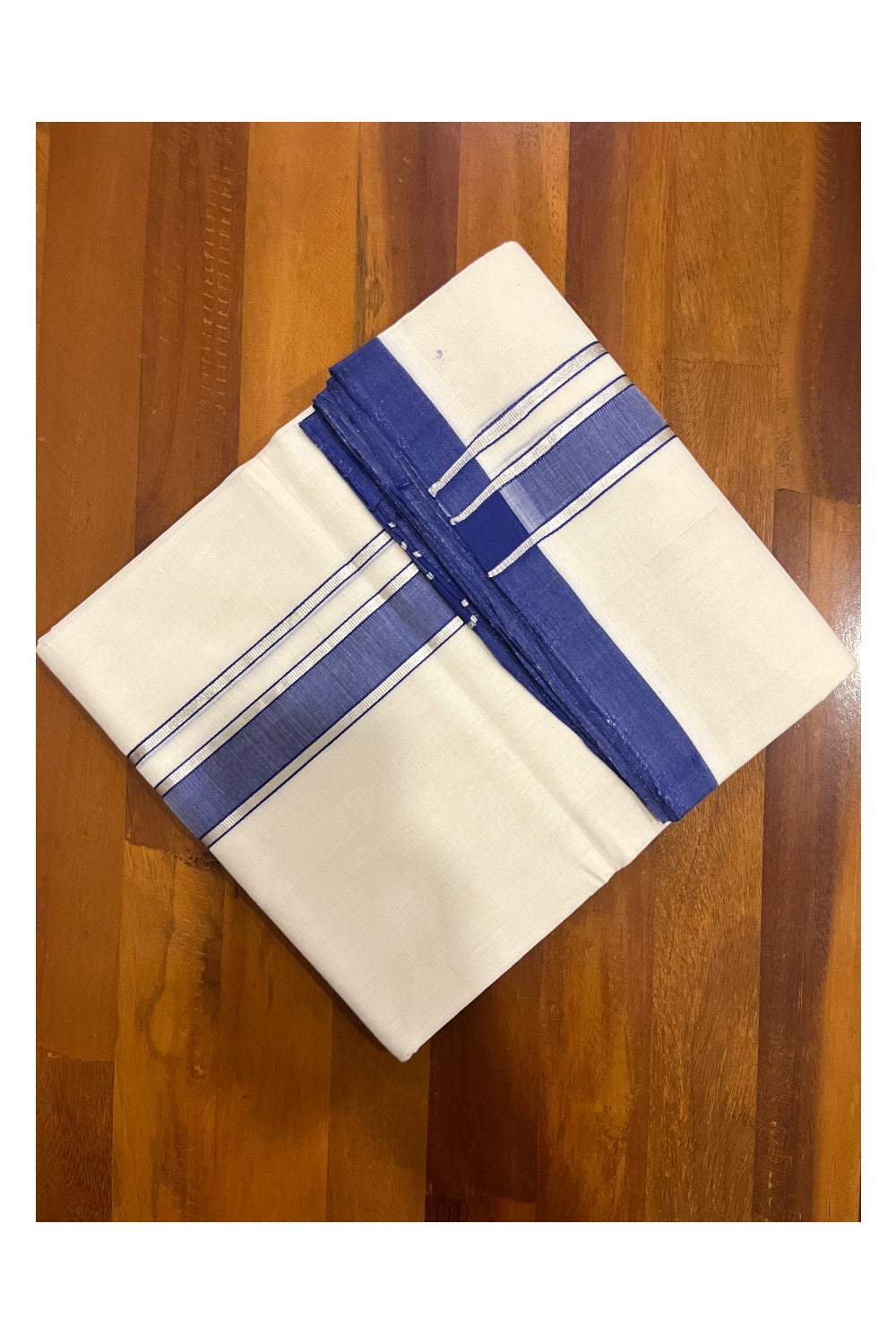 Southloom Premium Balaramapuram Unakkupaavu Handloom Mundu with Blue and Silver Kasavu Border (South Indian Kerala Dhoti)