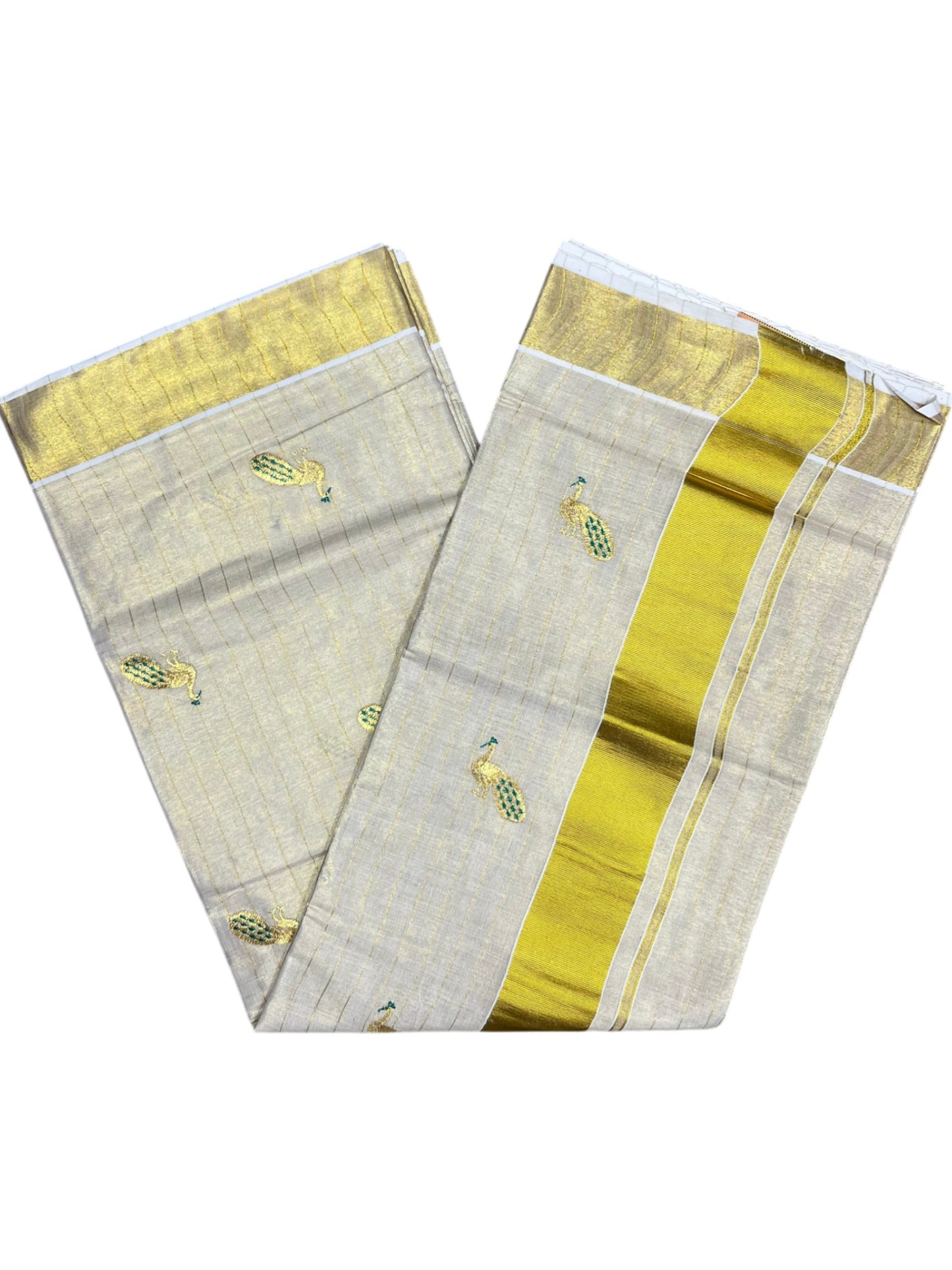 Southloom Tissue Kerala Kasavu Lines Saree with Peacock Embroidery Work on Body in Peacock Green