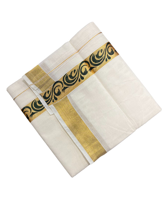 Southloom Kasavu Double Mundu with Green Prints Along Kasavu Kara