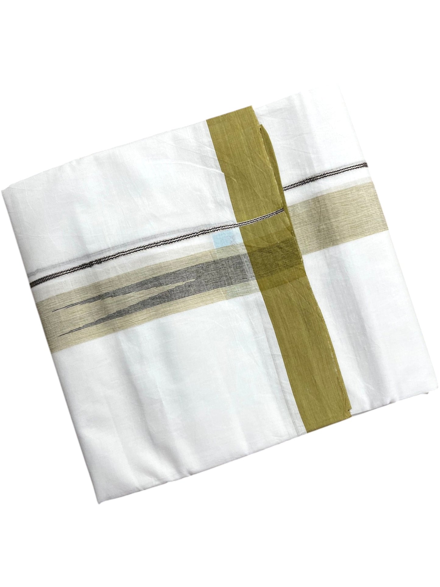 Southloom Pure White Cotton Mundu with Olive Green Border (South Indian Kerala Dhoti)