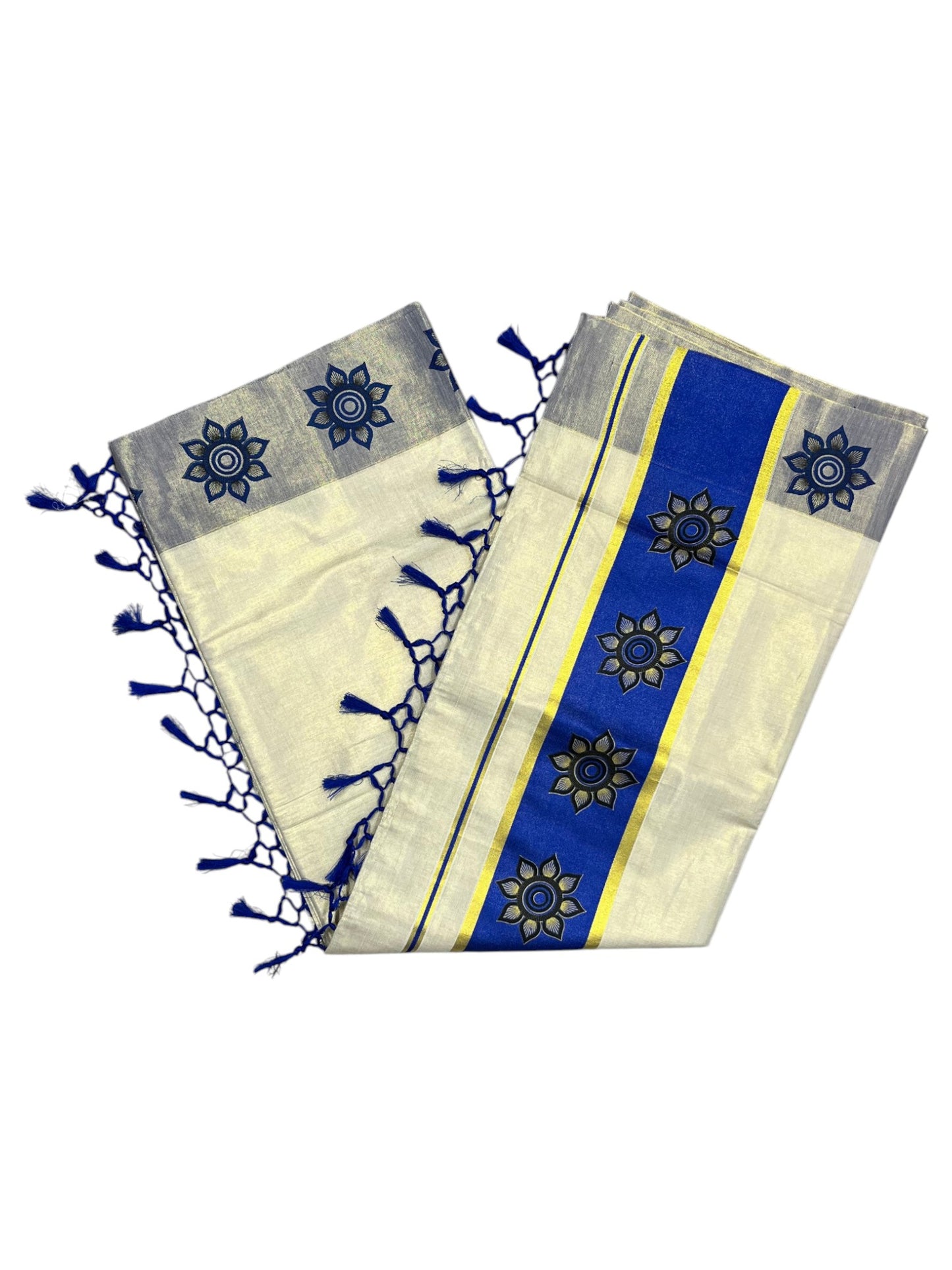 Southloom Kerala Tissue Kasavu Saree with Floral Block Prints in Blue Border