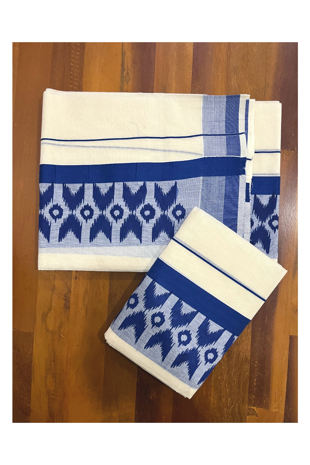 Cotton Kerala Single Set Mundu with Blue Block Printed Border