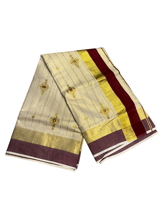 Kerala Tissue Kasavu Lines Saree with Golden And Maroon Embroidery Works