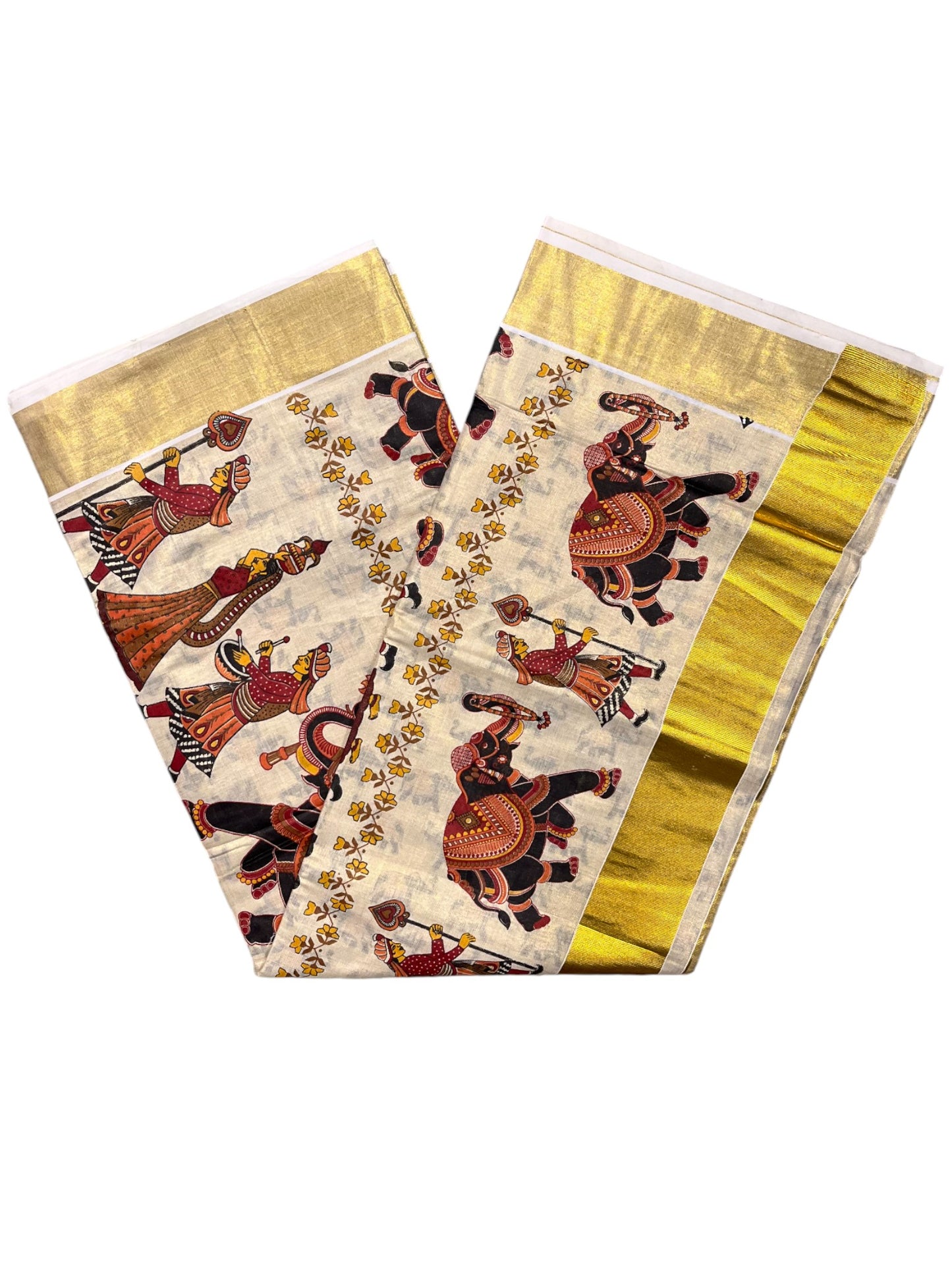 Southloom Kerala Tissue Kasavu Saree With Mural Festival Parasol and Elephant Design