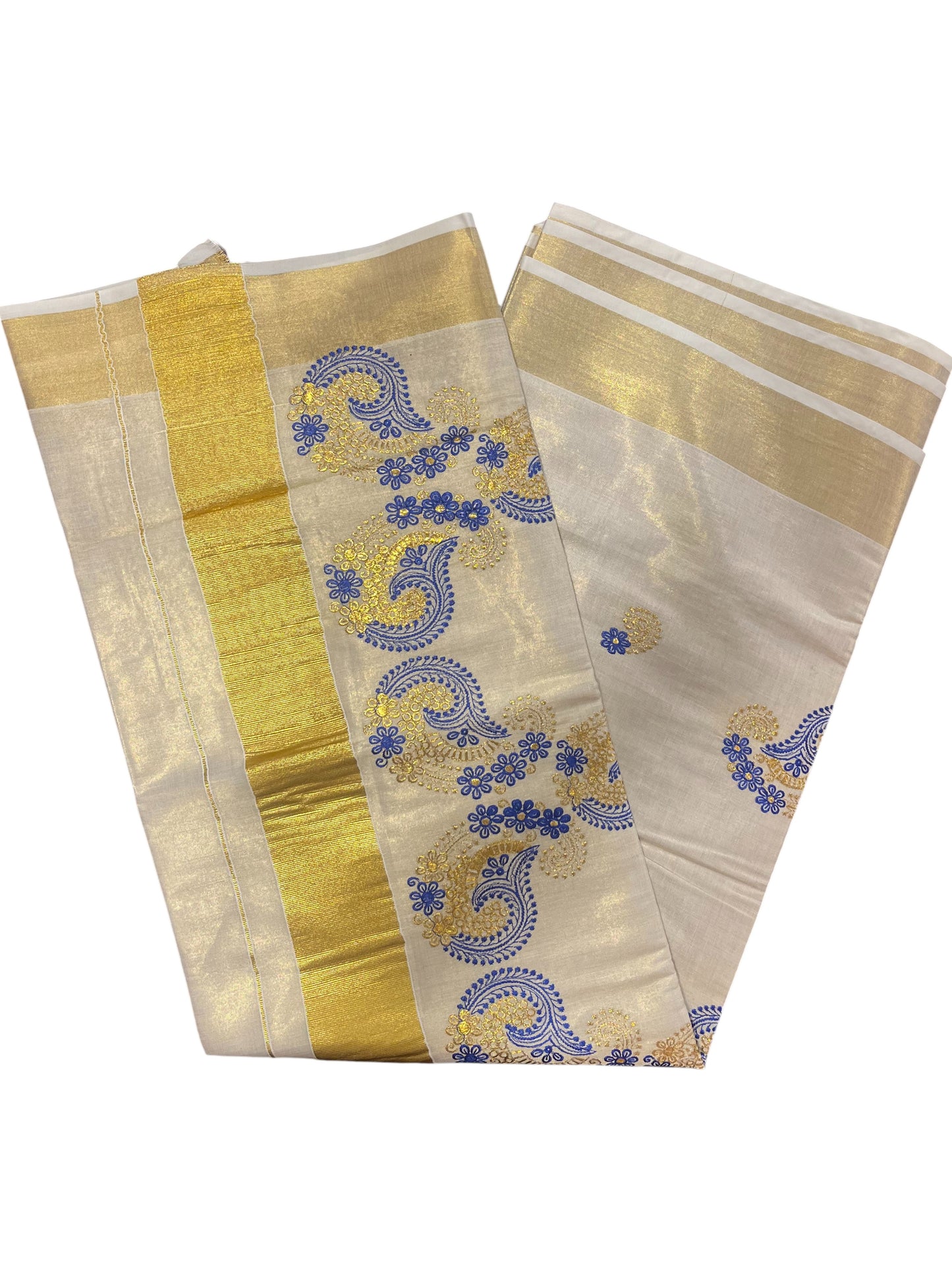 Southloom Kerala Tissue Kasavu Plain Saree with Gold and Blue Embroidery Works