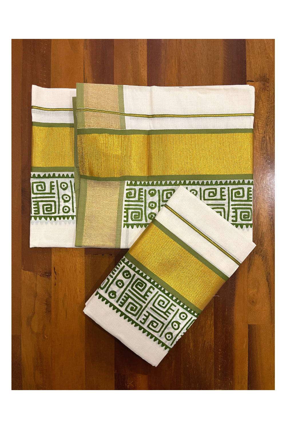 Pure Cotton Kerala Single Set Mundu (Mundum Neriyathum) with Green Block Printed Kasavu Border