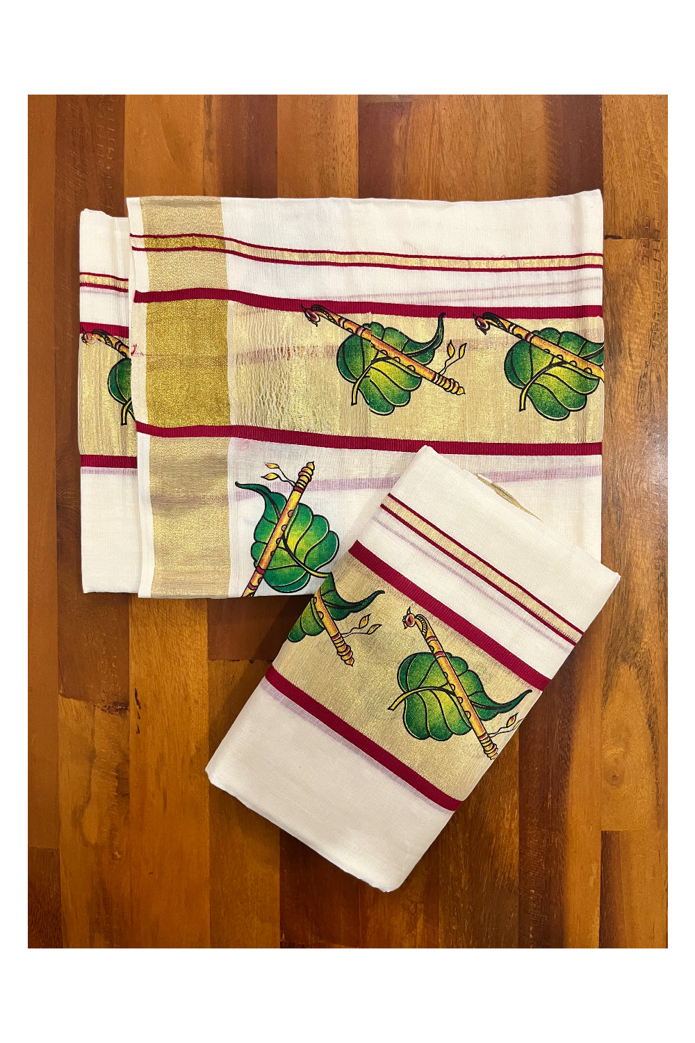 Kerala Cotton Single Set Mundu (Mundum Neriyathum) with Leaf and Flute Block Prints on Kasavu Maroon Border