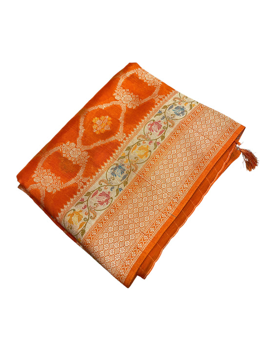 Southloom Banarasi Silk Saree with Woven Work on Body and Borders (Orange & Violet)