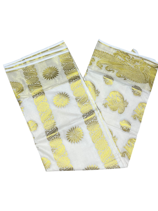 Southloom Pure Cotton Kerala Kasavu Heavy Work Saree with Paisley Floral Woven Design