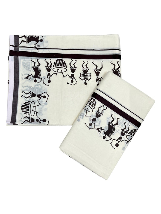 Southloom Pure Cotton Kerala Single Warly Print Set Mundu (Mundum Neriyathum) Brown Border in 2.50 mtrs  SL246