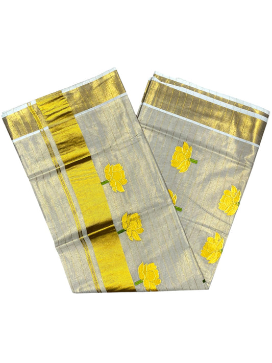Southloom Kerala Tissue Kasavu Saree with Yellow Lotus Embroidery Design SL289