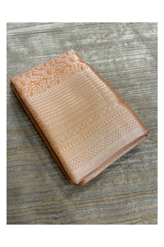 Southloom Banarasi Silver Zari Brocade Work Silk Saree in Orange Pastel Shade