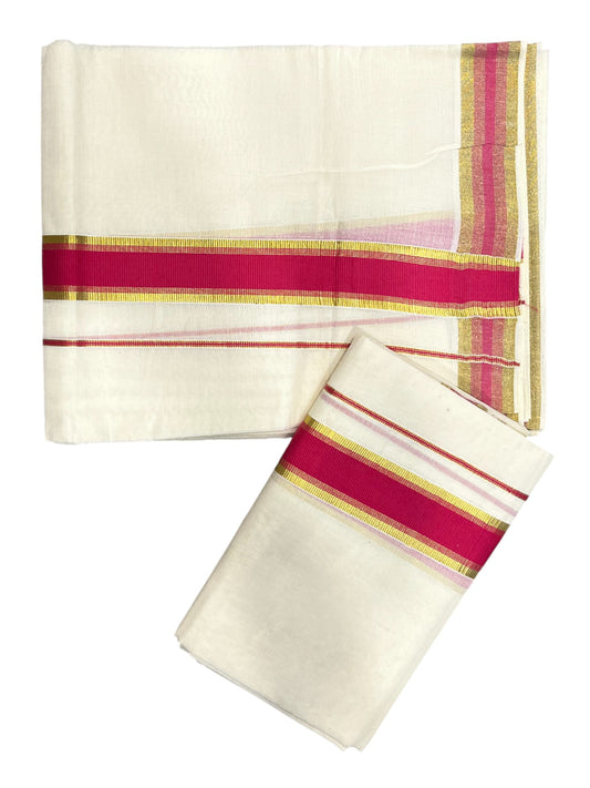 Kerala Cotton Set Mundu (Mundum Neriyathum) with Kasavu and Red Border