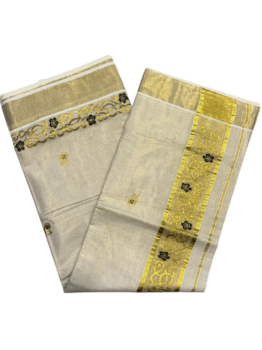 Southloom Kerala Tissue Kasavu Saree with Golden Embroidery Work on Body